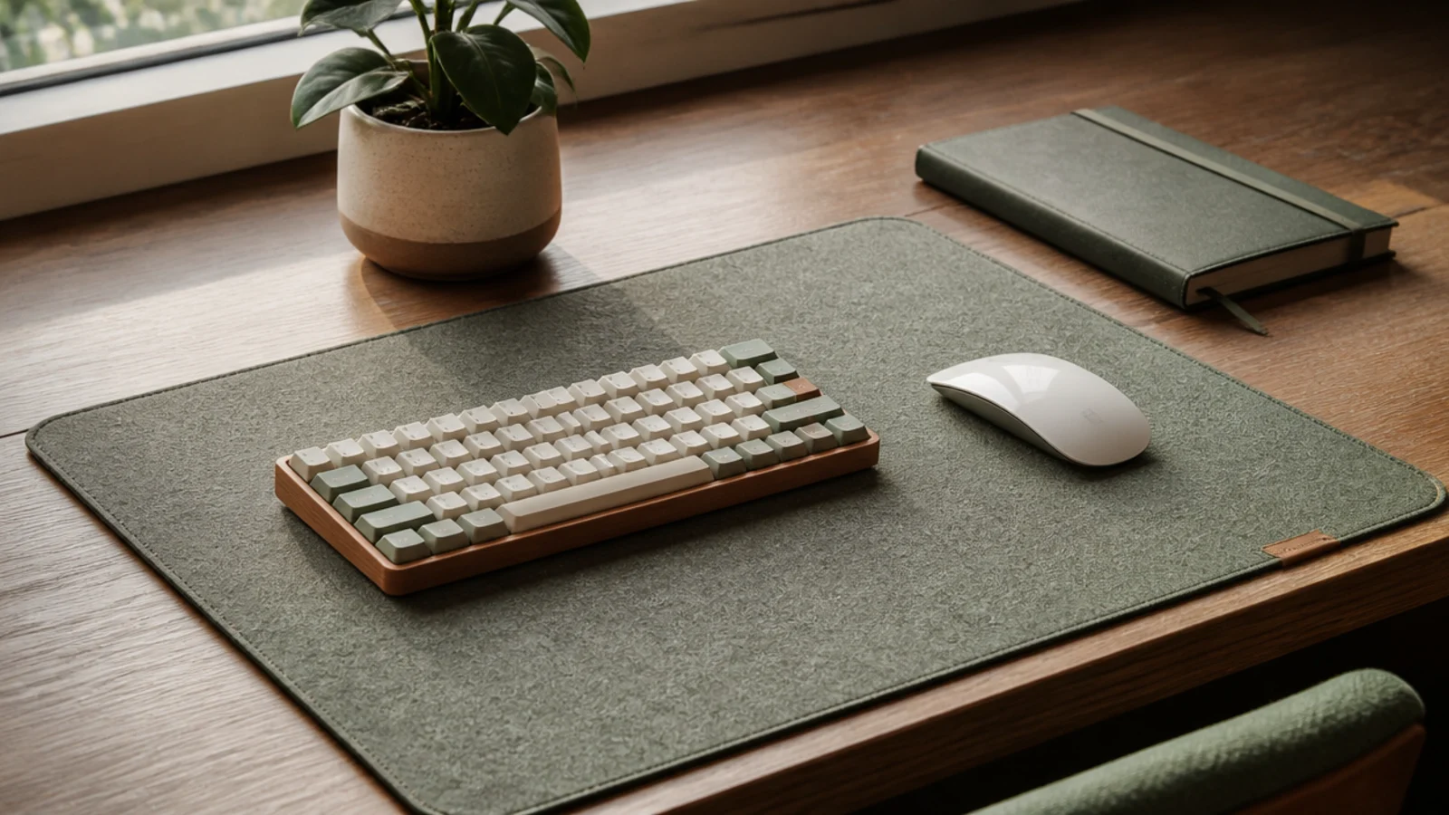 A large felt desk mat under a keyboard and mouse, visually framing the central work zone on a wooden desk.