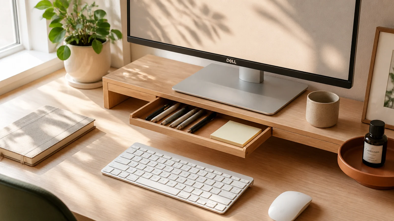 A slim pull-out drawer mounted under the desktop directly below the monitor, holding pens and sticky notes.