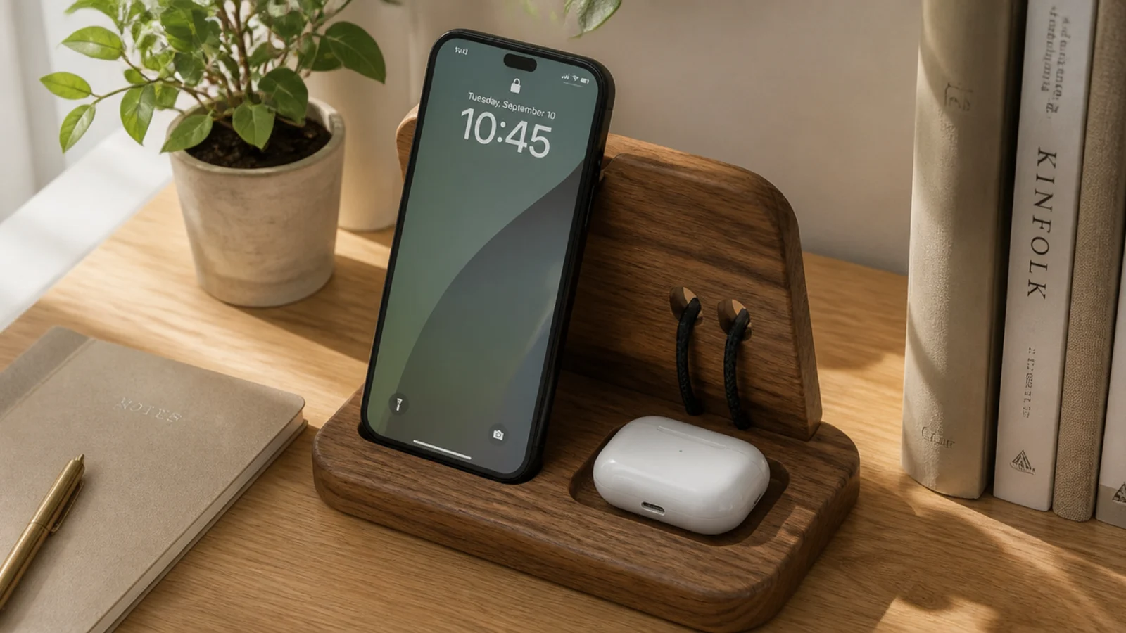 A wooden charging dock holding a phone upright and earbuds, with two short cables routed neatly through the back.