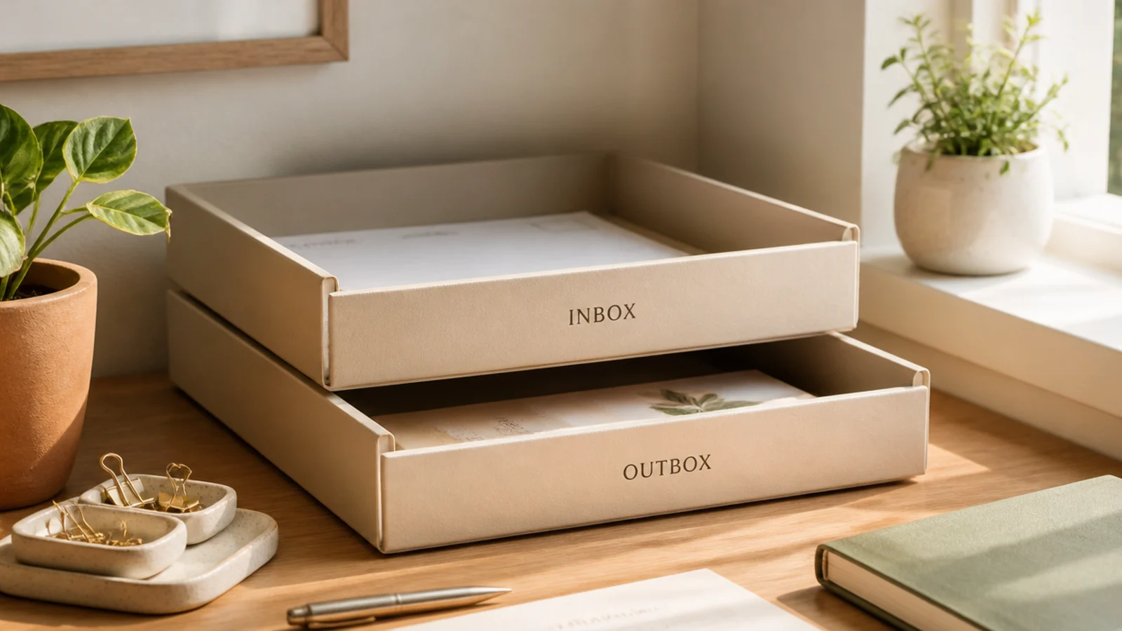 Two stacked letter trays on a desk corner, the top labeled inbox and the bottom outbox, holding a few papers each.