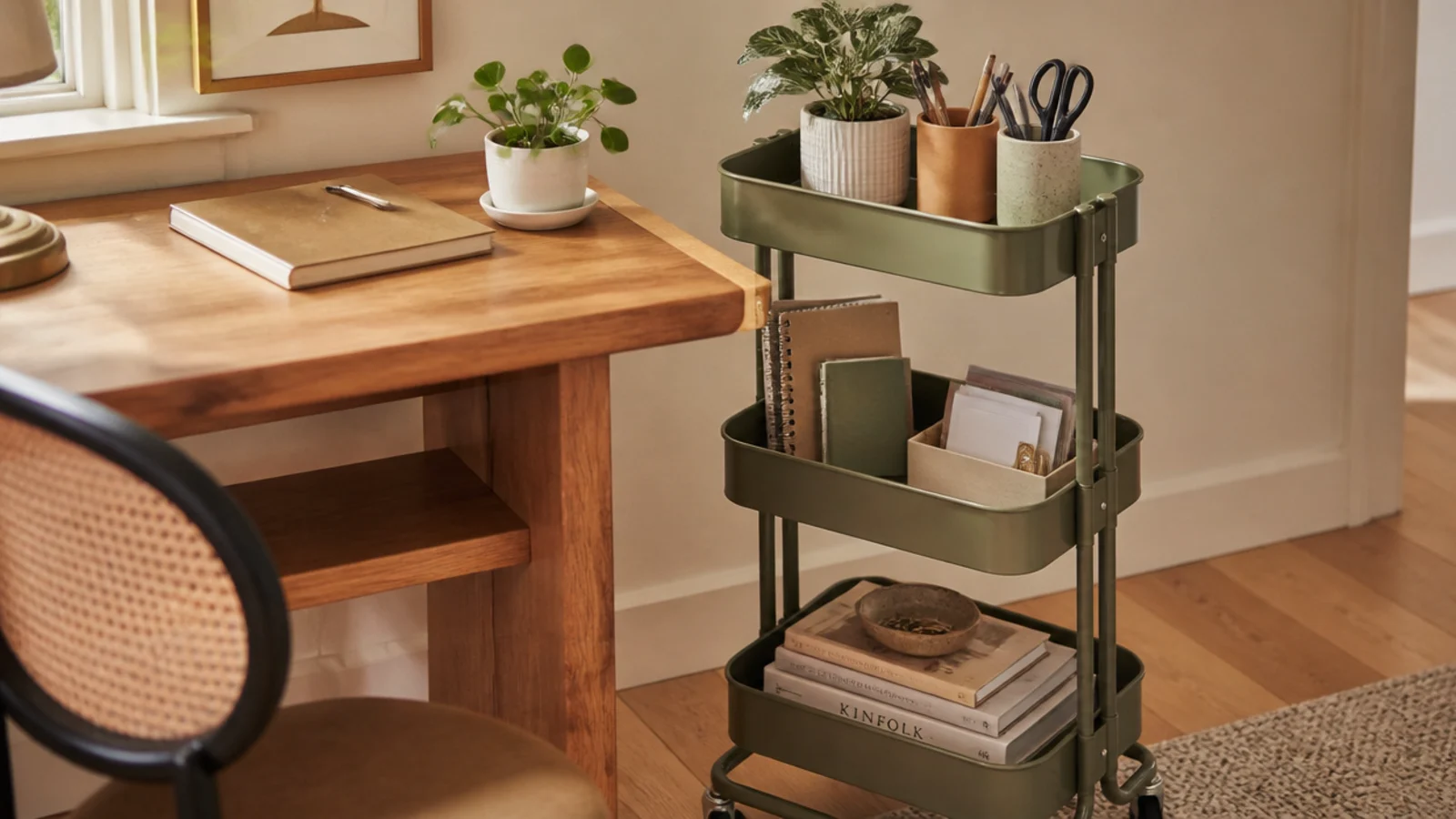 A three-tier rolling metal cart beside a desk holding supplies, notebooks, and a small plant on its tiers.