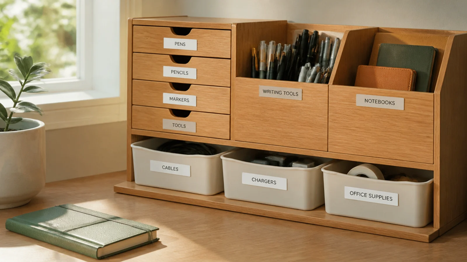 Several desk drawers and bins with small printed white labels on the front, each naming its contents clearly.