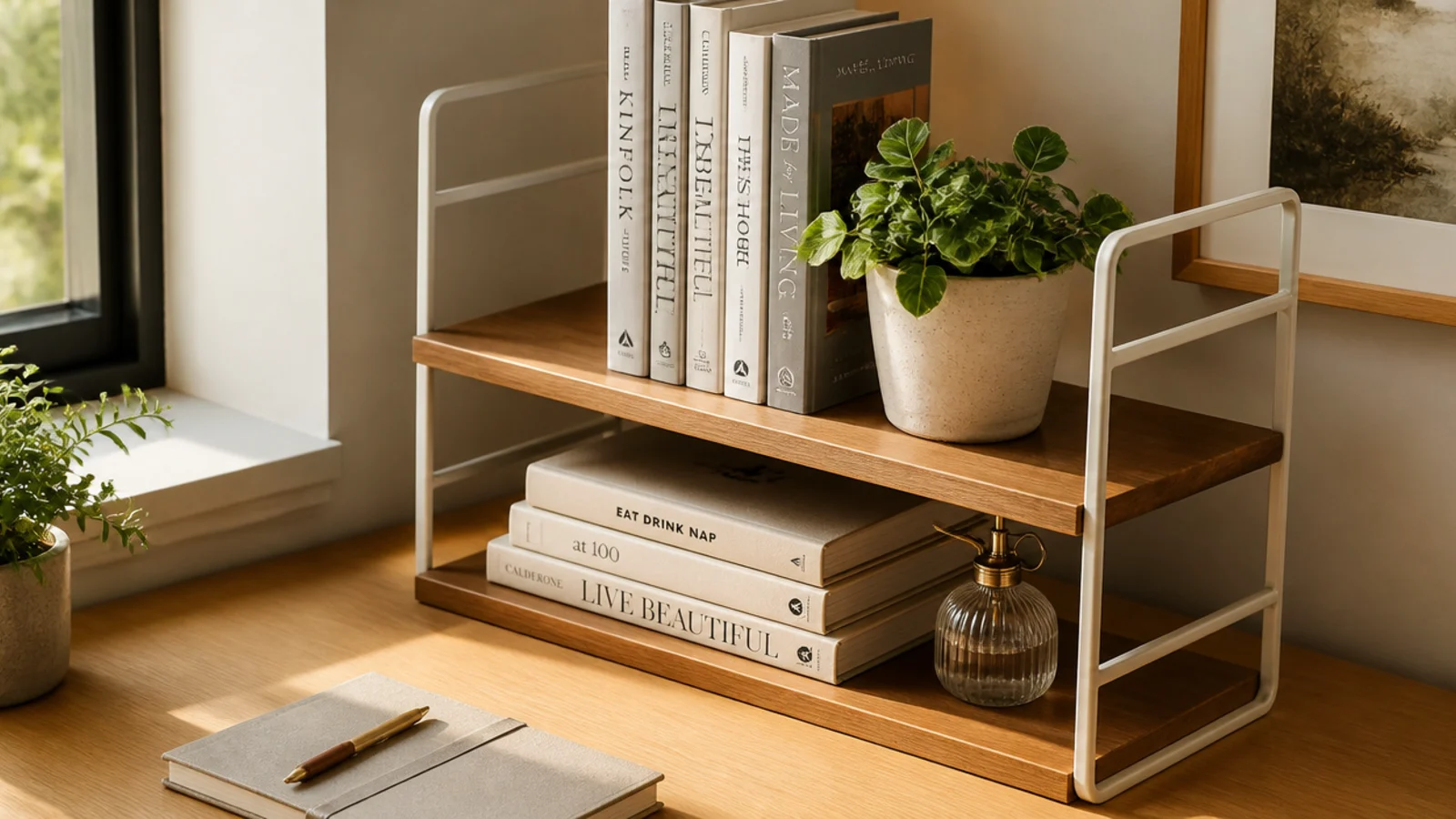 A small two-tier shelf riser on a desk holding books upright and a plant, lifting items off the main surface.