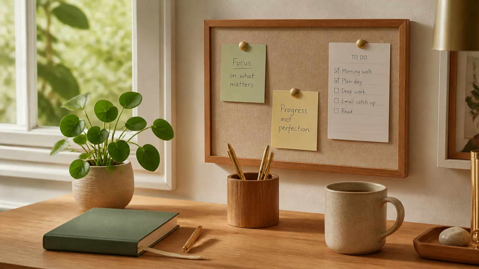 A small framed cork or magnetic board on the wall beside a desk holding a few sticky notes and a to-do card.