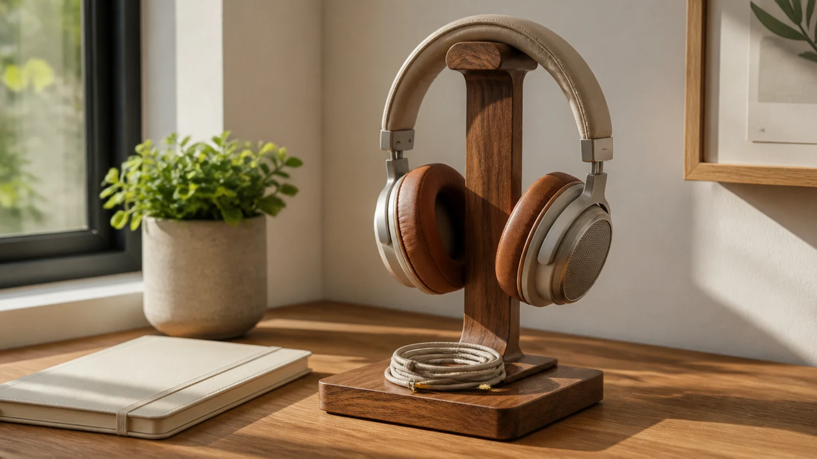 A wooden headphone stand at the edge of a desk holding over-ear headphones, with the cable coiled neatly at the base.