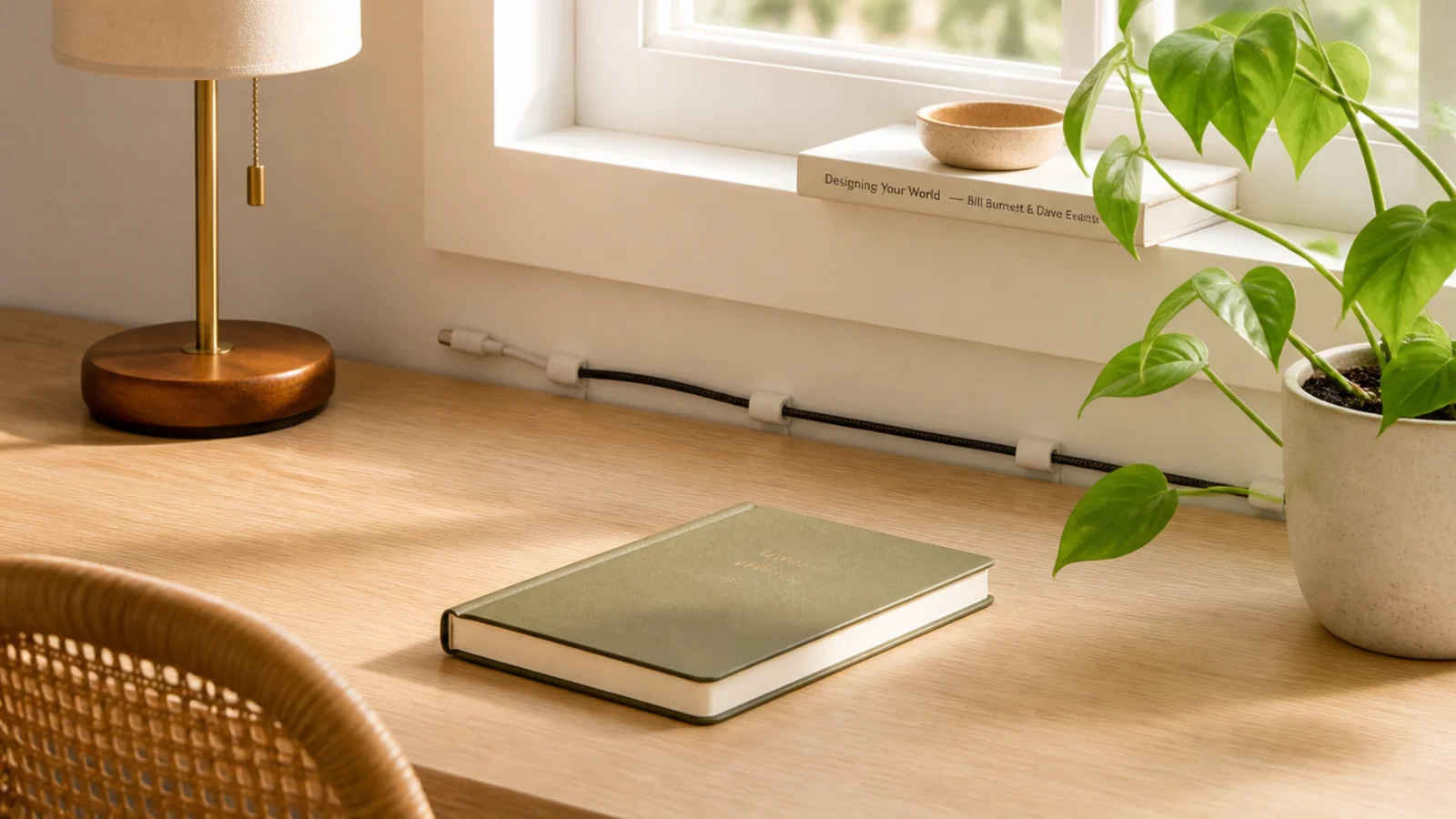 Small adhesive cable clips along the back edge of a desk holding a charging cable and a lamp cord in place.