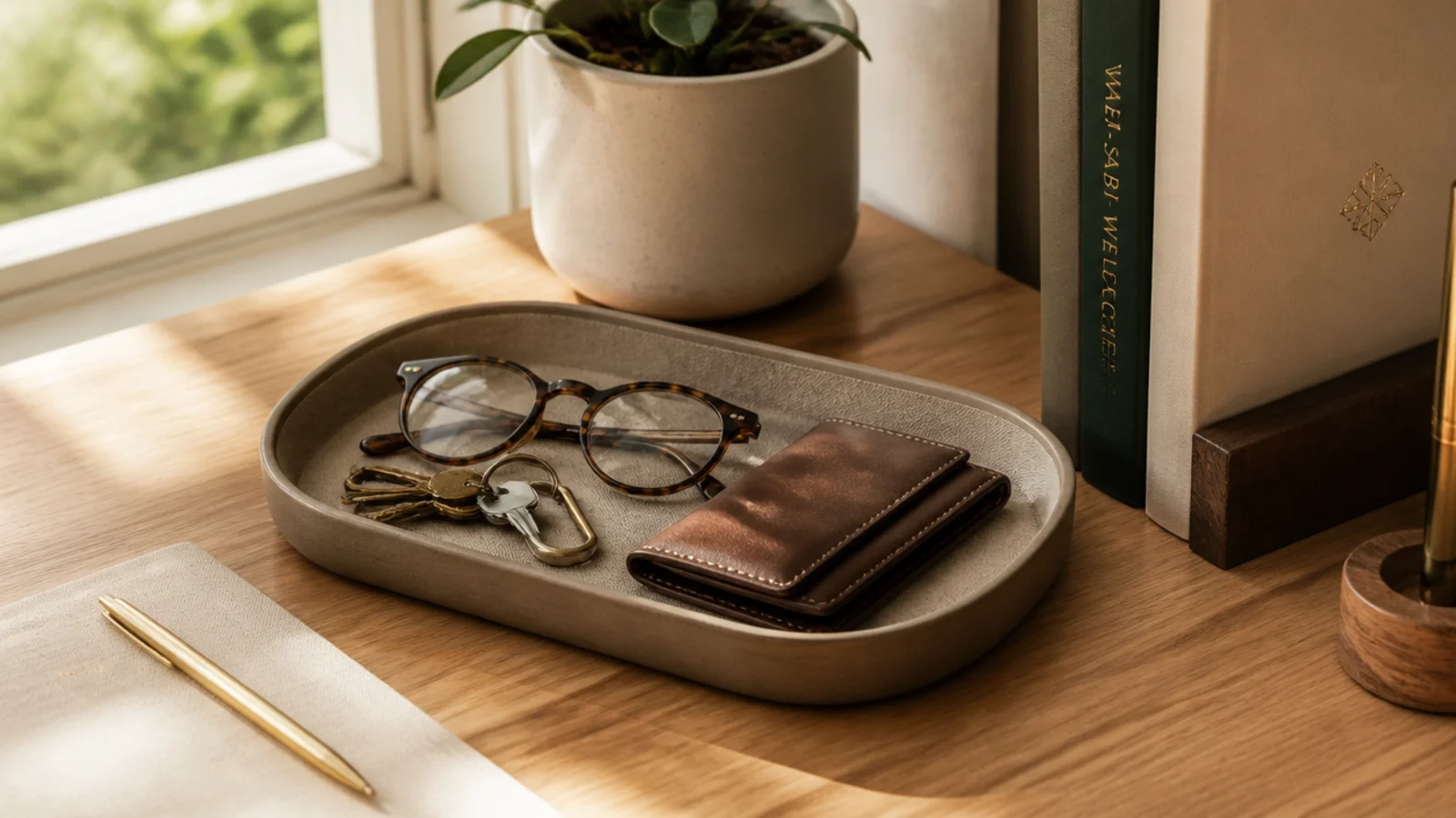 A small shallow tray on a desk corner holding keys, a wallet, and a pair of glasses in one contained spot.