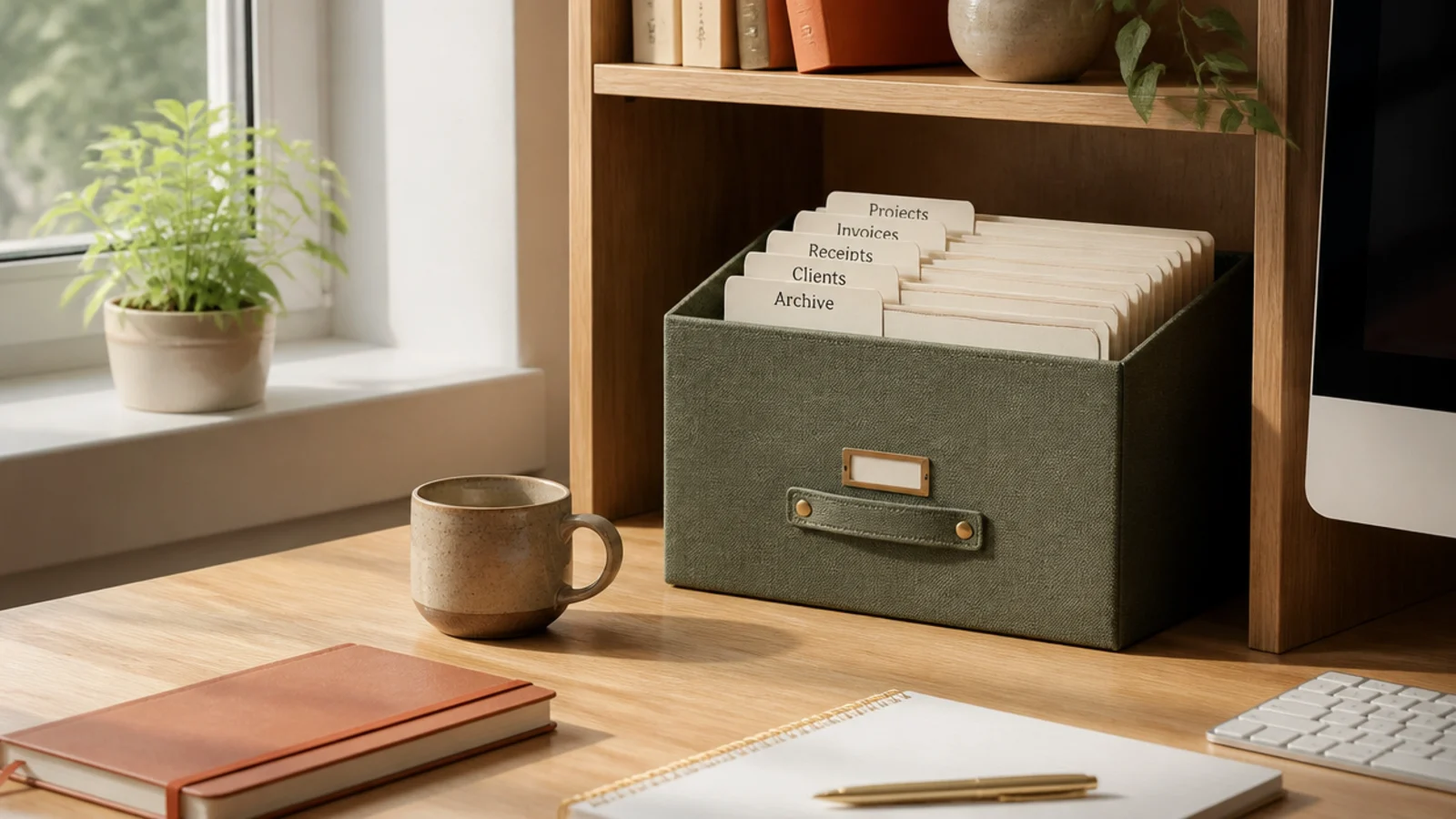 A compact desktop file box holding hanging folders upright, sitting on a shelf beside the desk with labeled tabs.
