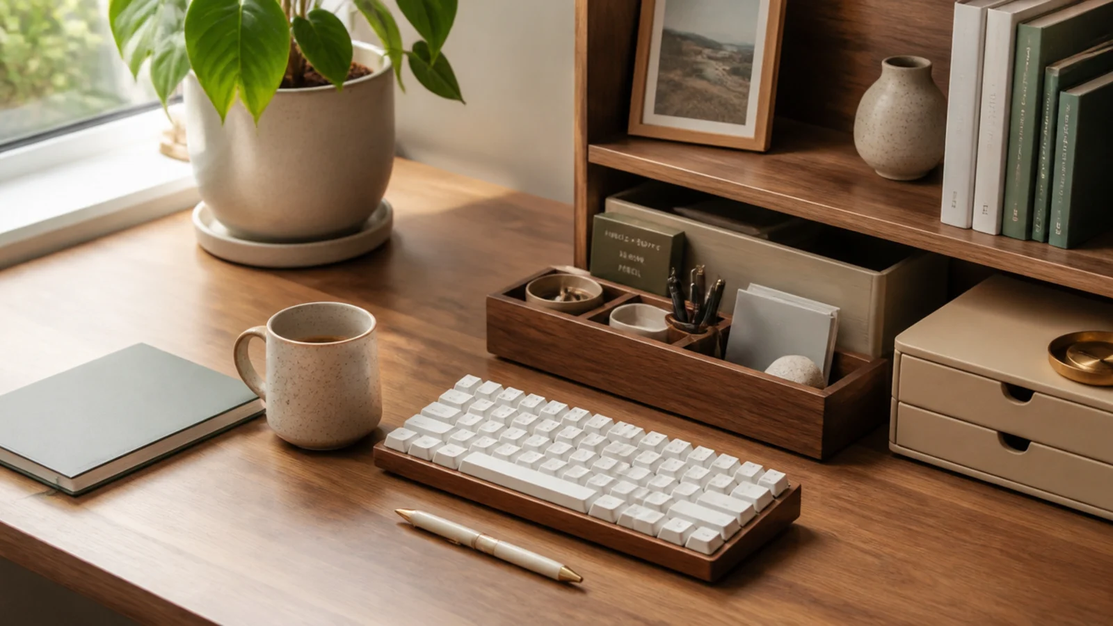 A desk arranged in zones - keyboard and pen at center, a caddy to the side, and a shelf of stored items further out.
