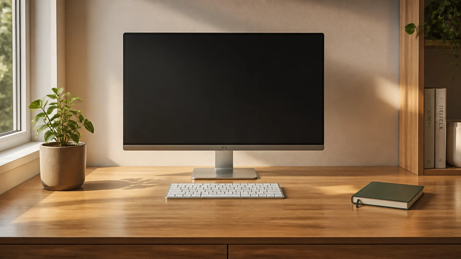 A completely clear, wiped-down desk at the end of the day with only a monitor, keyboard, and a small plant remaining.