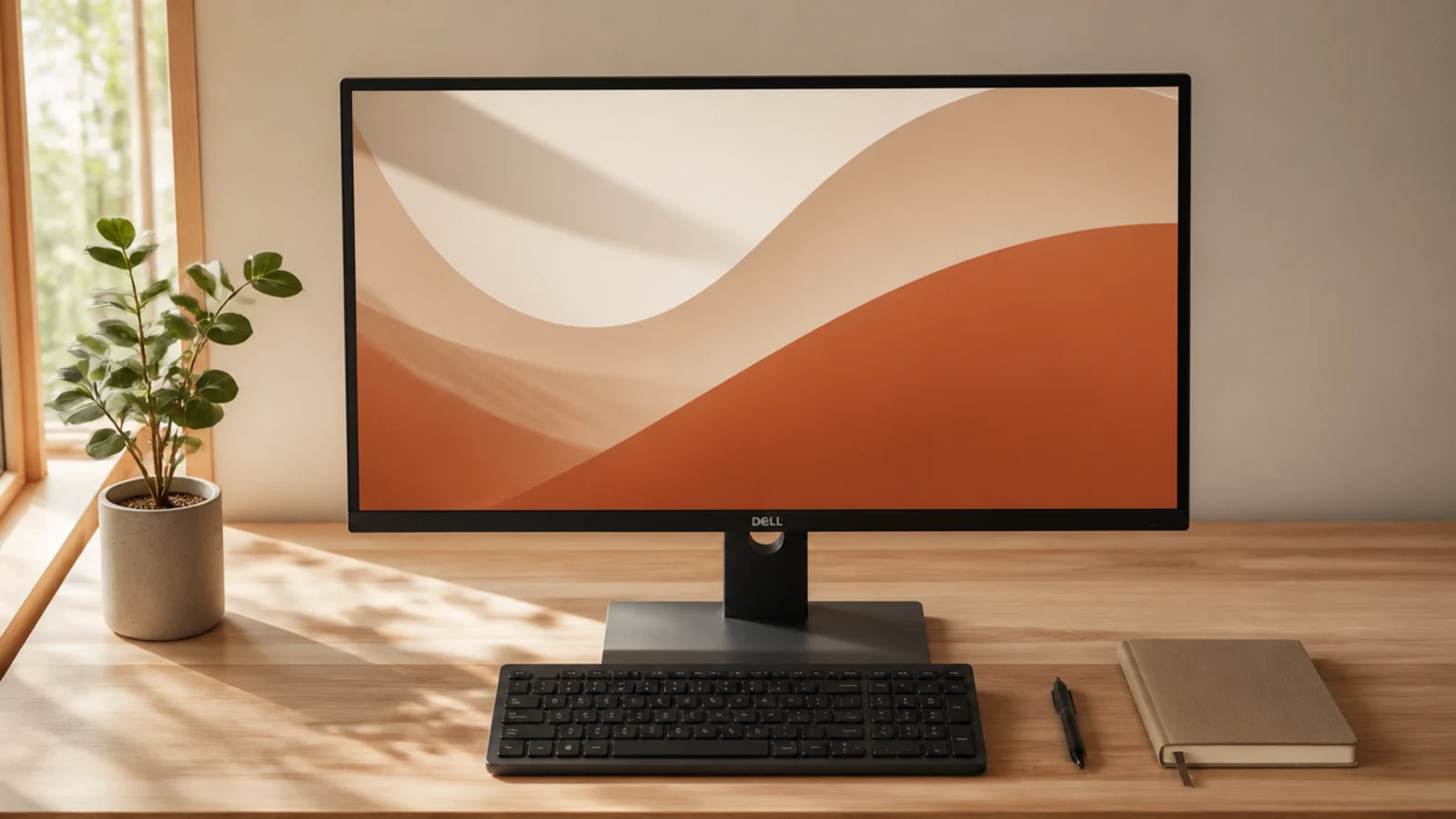 A desk cleared down to just a monitor, keyboard, one pen, and a notebook, everything else removed.
