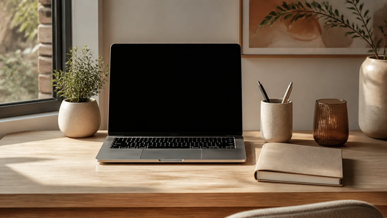 A small charging spot across the room holding a phone, with the desk in the foreground clear of it.