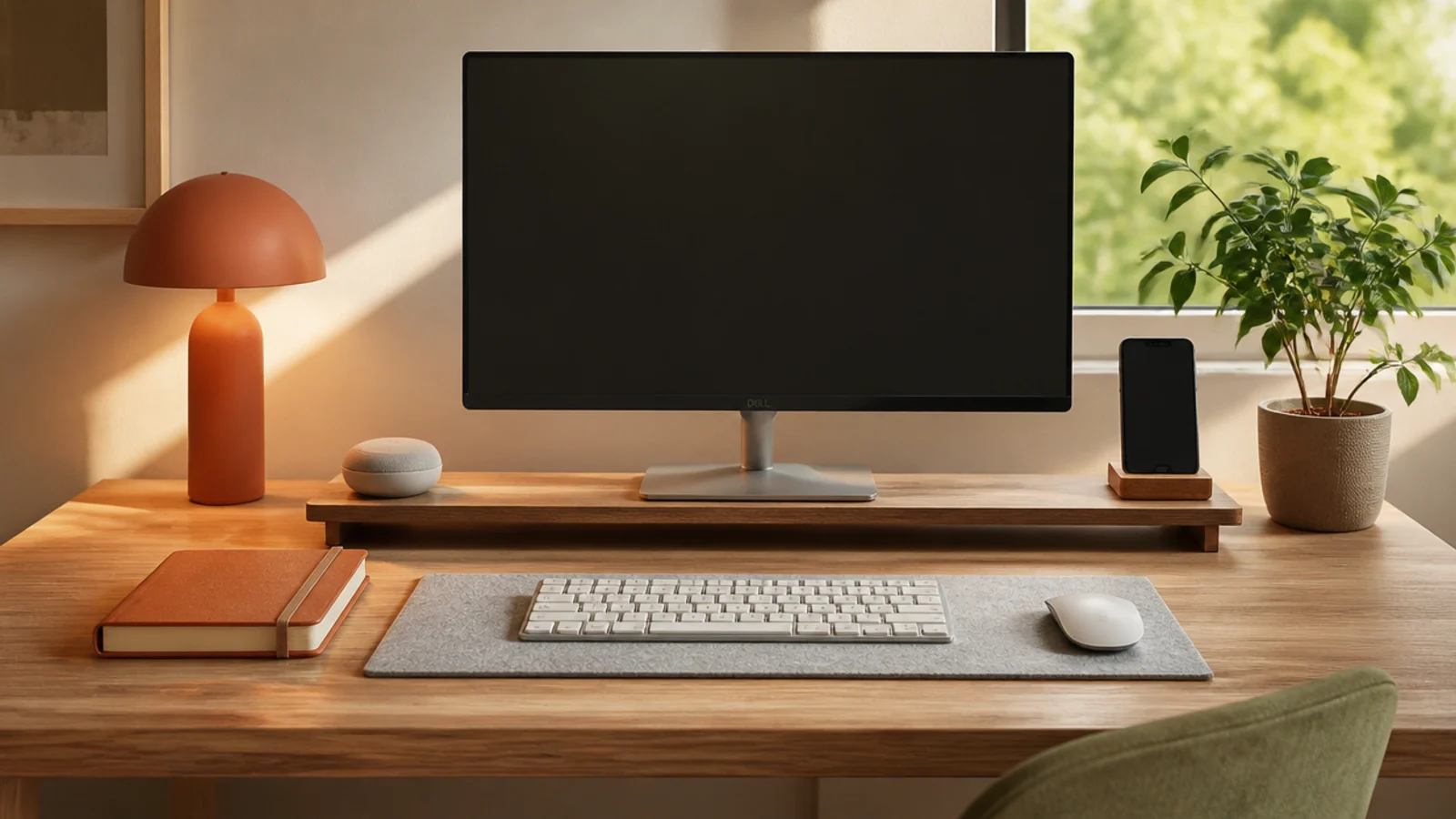 A desk with no visible cables, cords routed into a tray under the desk and clipped along the back edge.