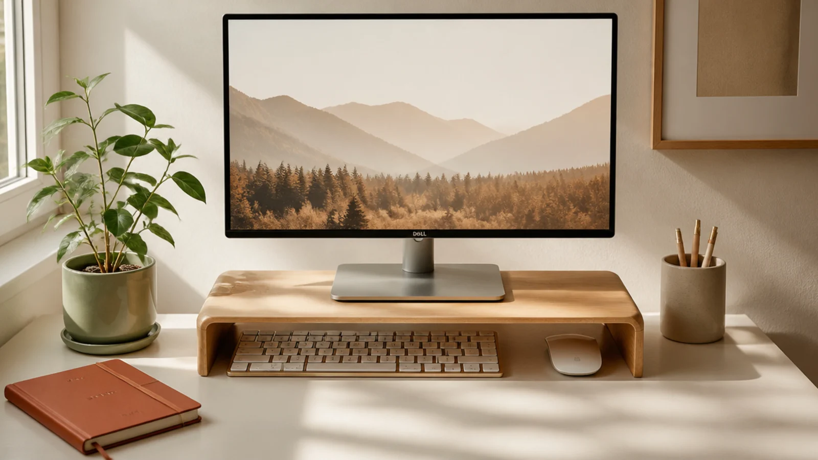 A monitor lifted on a riser to eye height, with the keyboard tucked into the open space underneath.