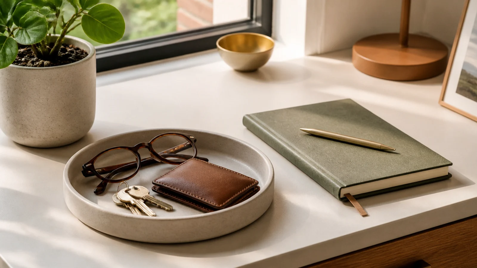 A small shallow tray at the front corner of a desk holding keys, glasses, and a wallet in one spot.