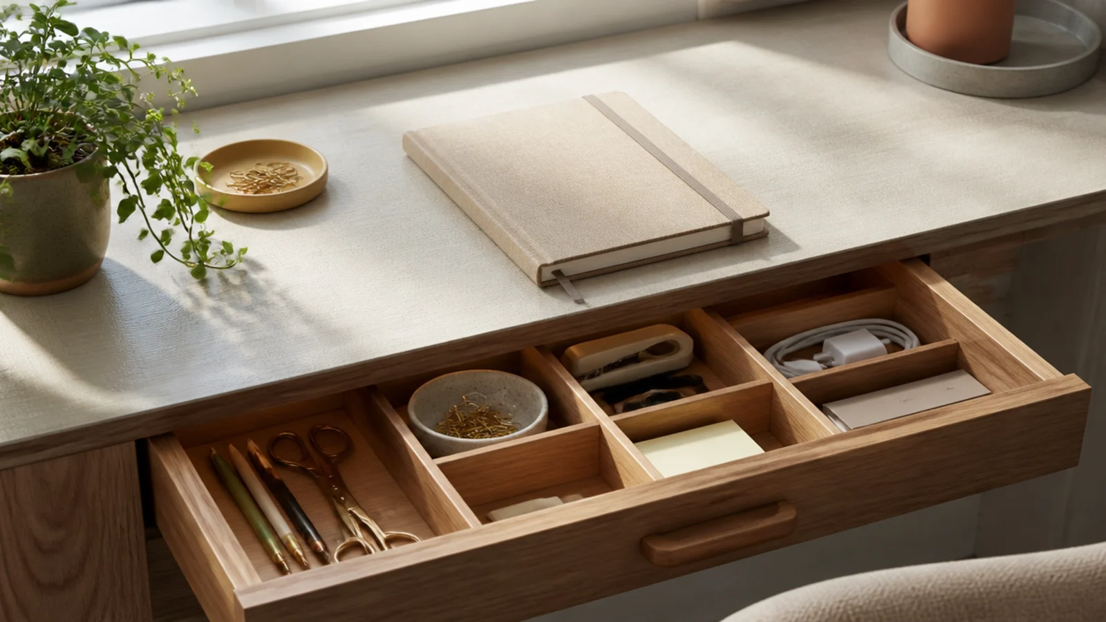 An open desk drawer divided into sections holding the supplies and bits that used to live on the surface.