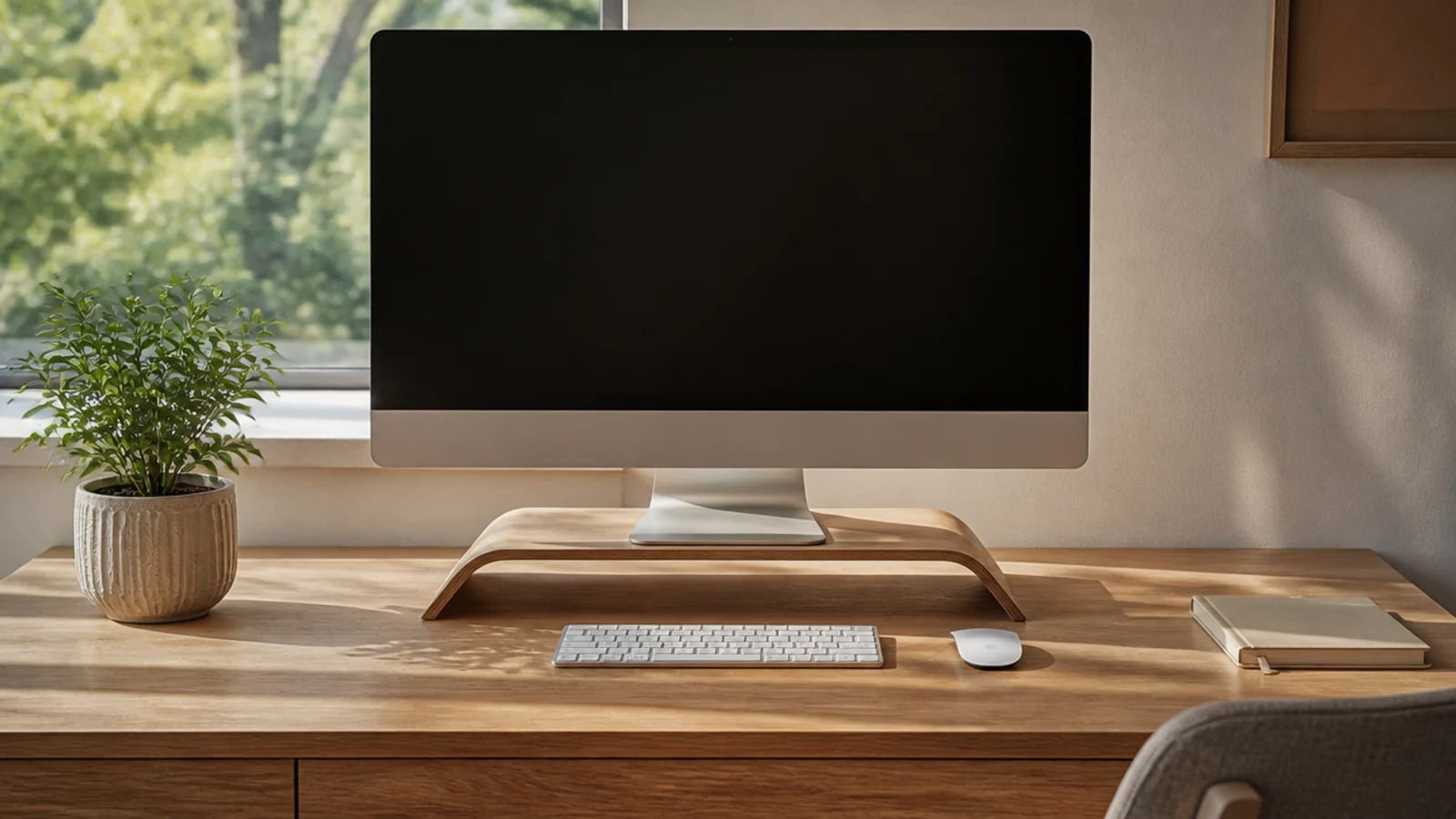 A clear, wiped desk at the end of the day with only the monitor, keyboard, and plant left, ready for morning.
