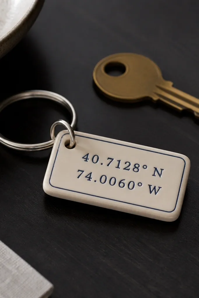 A small keychain on a metal ring with a cream polymer clay rectangle charm. Navy coordinates are stamped cleanly, with a thin navy border line. The charm sits on a dark desk with a brass key nearby.