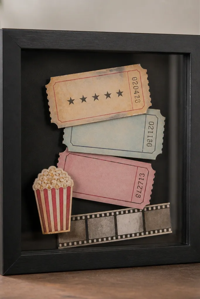 A small square shadow box frame with a black backing. Inside, there are three ticket stubs, a tiny popcorn label, and a strip of film strip tape. Everything is layered with thin foam tape and finished with a clear front protector.