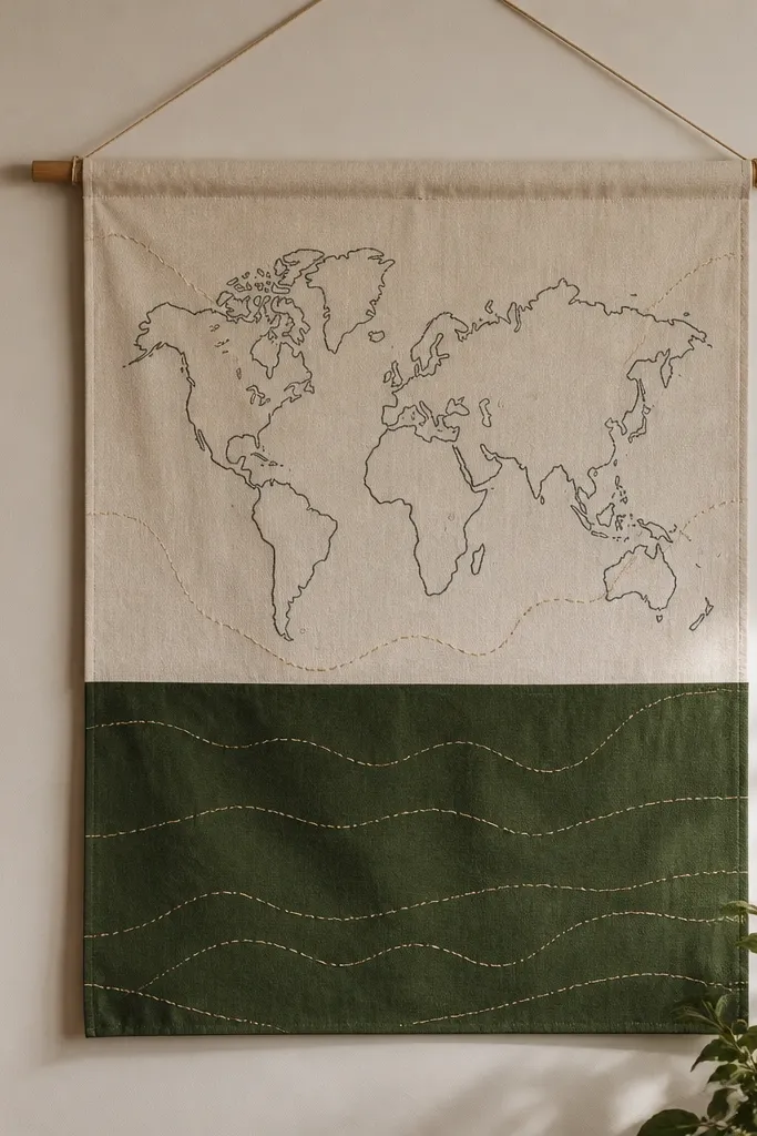 A fabric wall hanging made from two rectangles of cream canvas and forest green cotton. A simple stitched-looking line pattern is done with fabric glue, and the map linework is printed in dark ink. The piece is held by a wooden dowel at the top.
