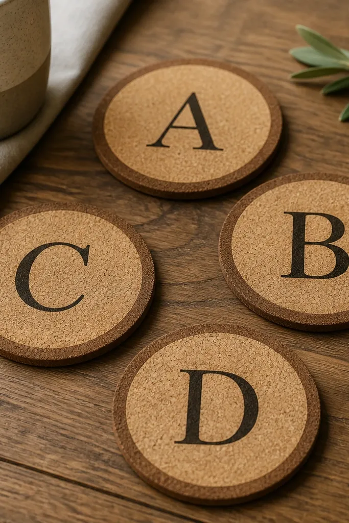 Four cork coasters on a wooden table. Each coaster has a black initial in the center, with a burnt umber stain ring around the edge. The finish looks matte and clean, not glossy.