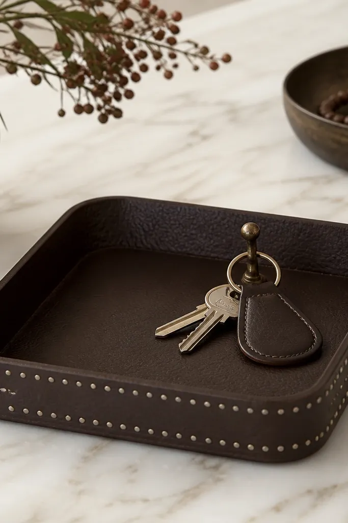A shallow tray with a leather-look finish in dark brown. Painted cream dots form a simple grid pattern along the rim. A small brass hook is mounted inside for a key ring.