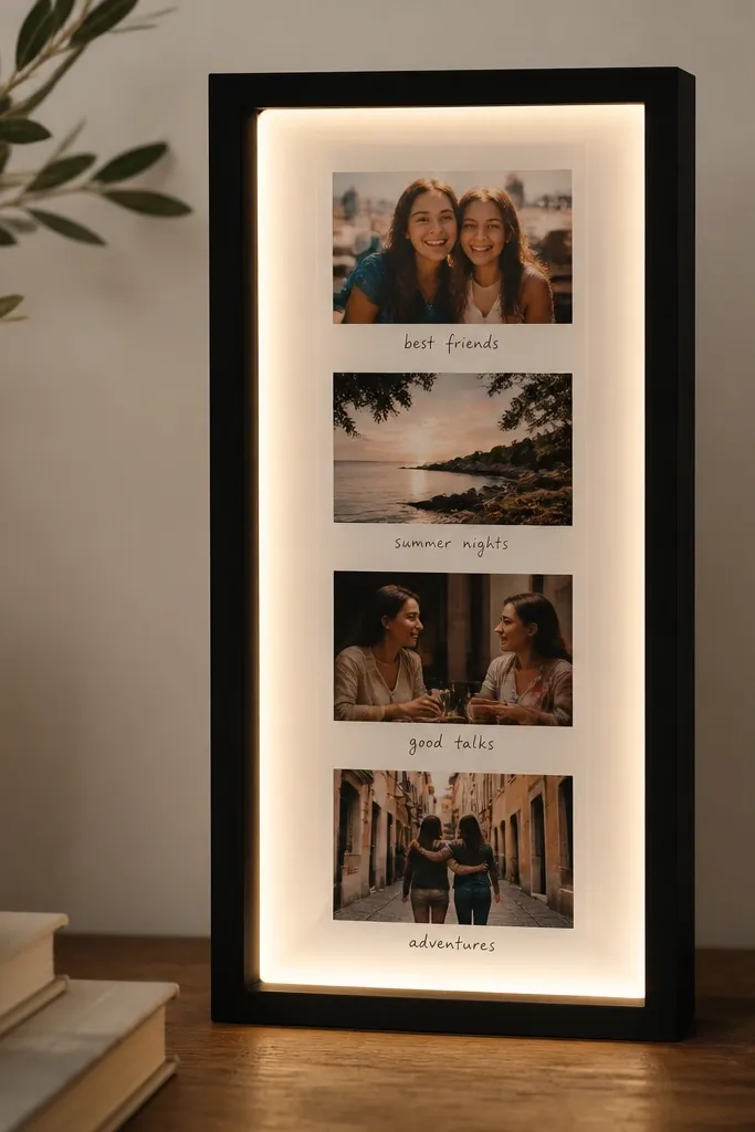 A small lightbox frame with a white backing and warm white LED strip along the edges. Inside, a vertical photo strip shows four printed photos with small captions in neat handwriting. The frame has a clean black border.