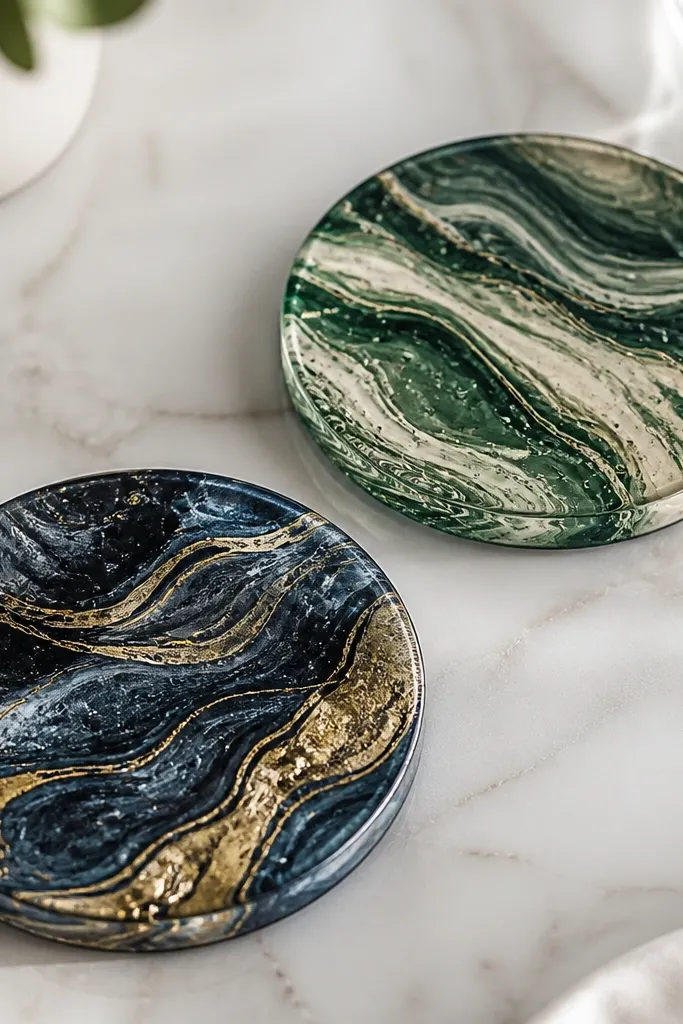 Two round coasters with marbled paint-pour swirls. One has deep navy and gold lines, the other has forest green and cream streaks. The surface looks glossy and glass-like, with tiny bubbles trapped under a clear layer.