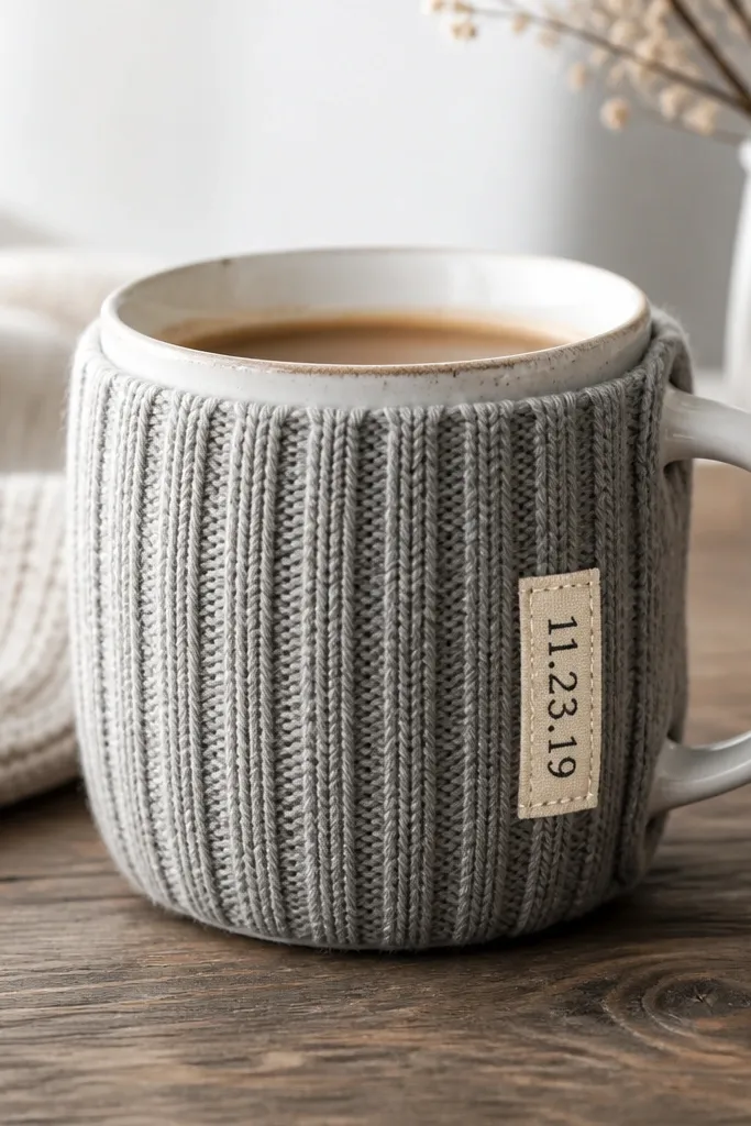 A mug cozy made from a knit sweater sleeve in heather gray. A small rectangular fabric tag stitched on the side shows a date in dark thread. The cozy fits snugly around a ceramic mug.