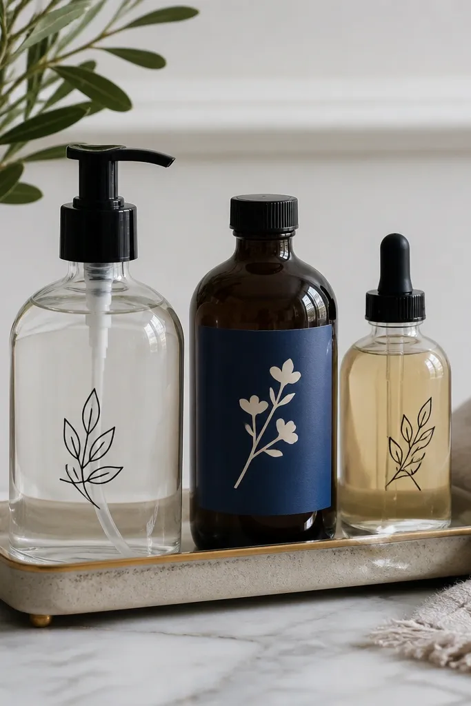 A small set of bottles with matching custom vinyl labels. One label has a minimalist black font on clear vinyl, another has a navy background with cream lettering. The bottles sit in a tray with a subtle gold accent.