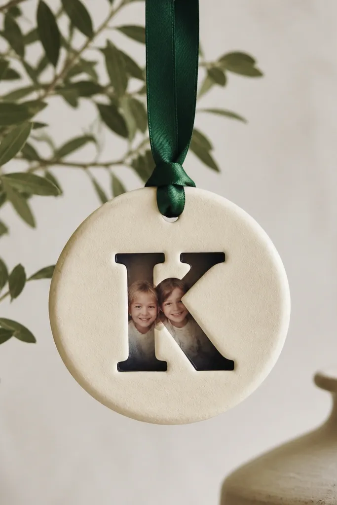 A small round ornament made from salt dough, painted cream with a black initial in the center. Behind the initial is a tiny transparent window showing a mini printed photo. It hangs from a satin ribbon in deep green.