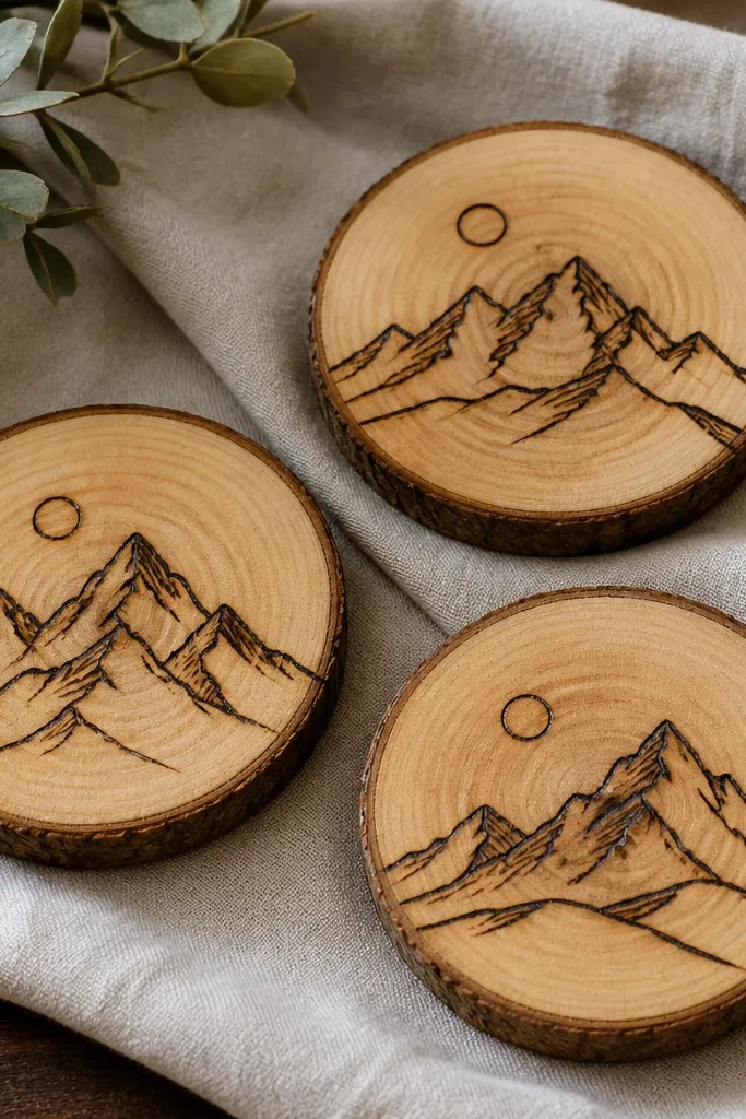 Three round wood slice coasters. Each has burned black line art of mountains and a small sun circle. The wood has a natural finish with a clear seal, and the coasters sit on a neutral cloth.