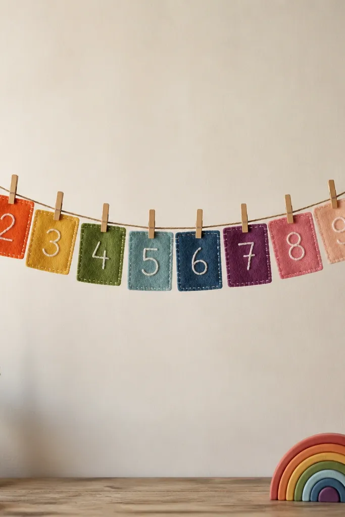 A felt banner with small felt squares pinned in a row. Each square is a different color and has a number stitched in white thread. The banner is strung across two wooden dowels with twine and small clips.