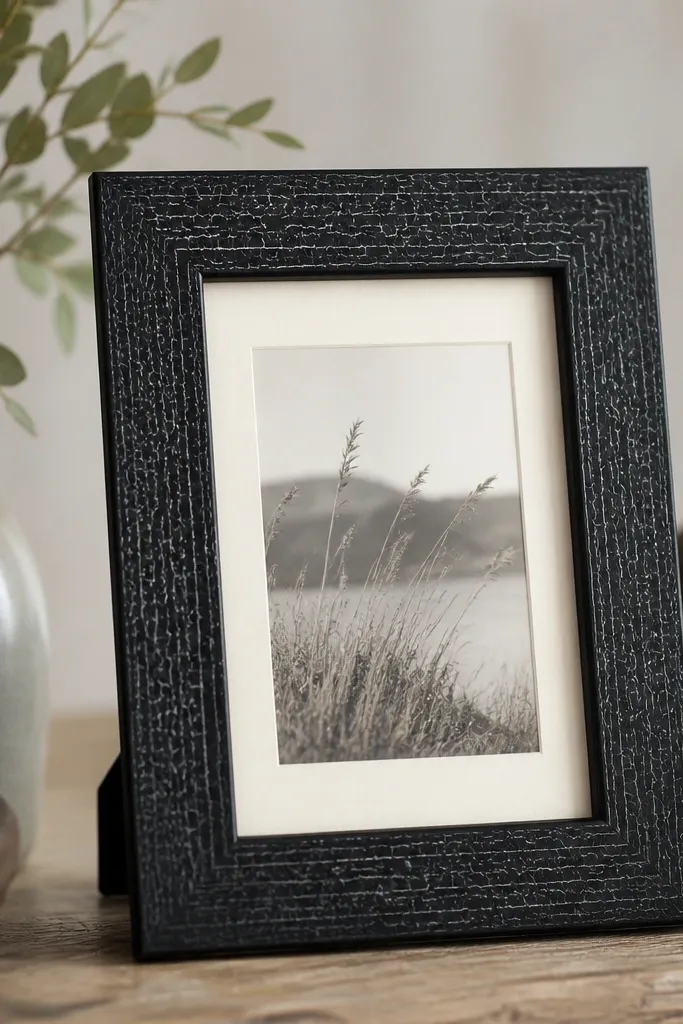 A small tabletop glass frame painted in matte black. A crackle medium topcoat creates fine white lines across the paint. A 4x6 photo sits inside with a cream mat border.
