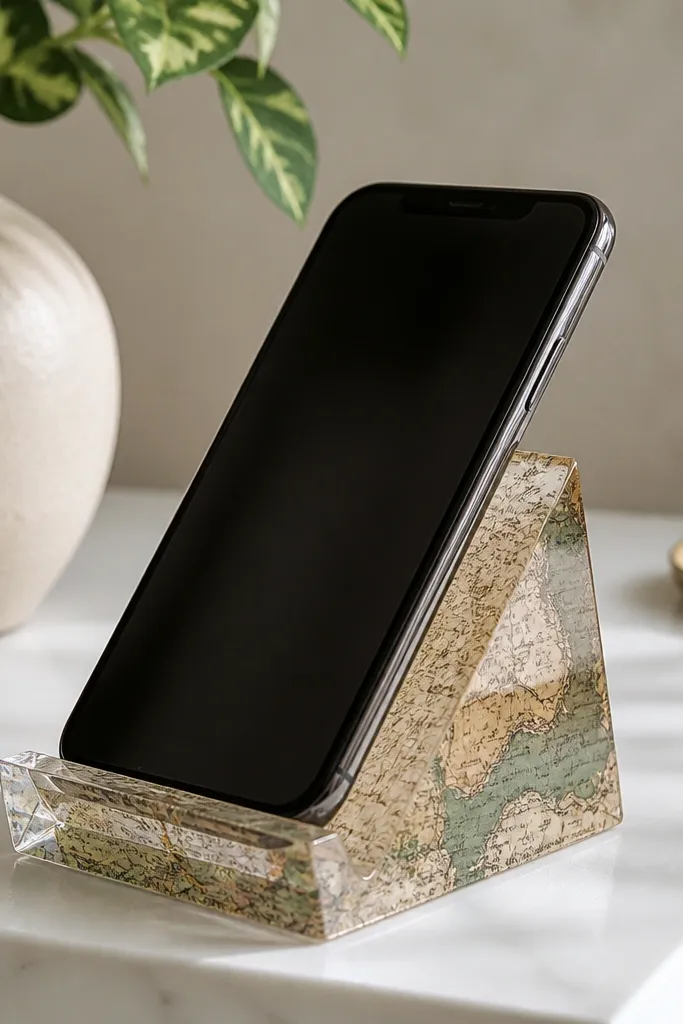 A clear resin phone stand shaped like a simple wedge. Inside the resin, there are tiny embedded pieces of map paper in muted browns and greens. The surface is glossy and smooth, with clean edges.