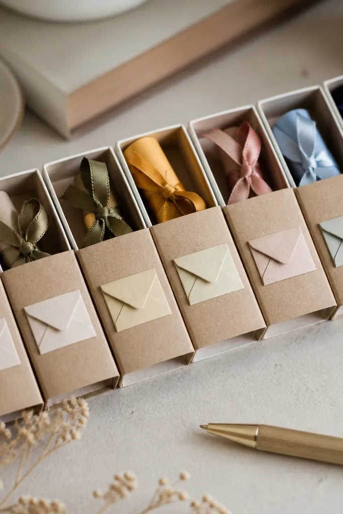 A set of small matchbox-style containers lined up. Each one is wrapped with kraft paper and has a tiny envelope label. Inside are rolled notes with different colored ribbons. The set sits on a desk with a pen.