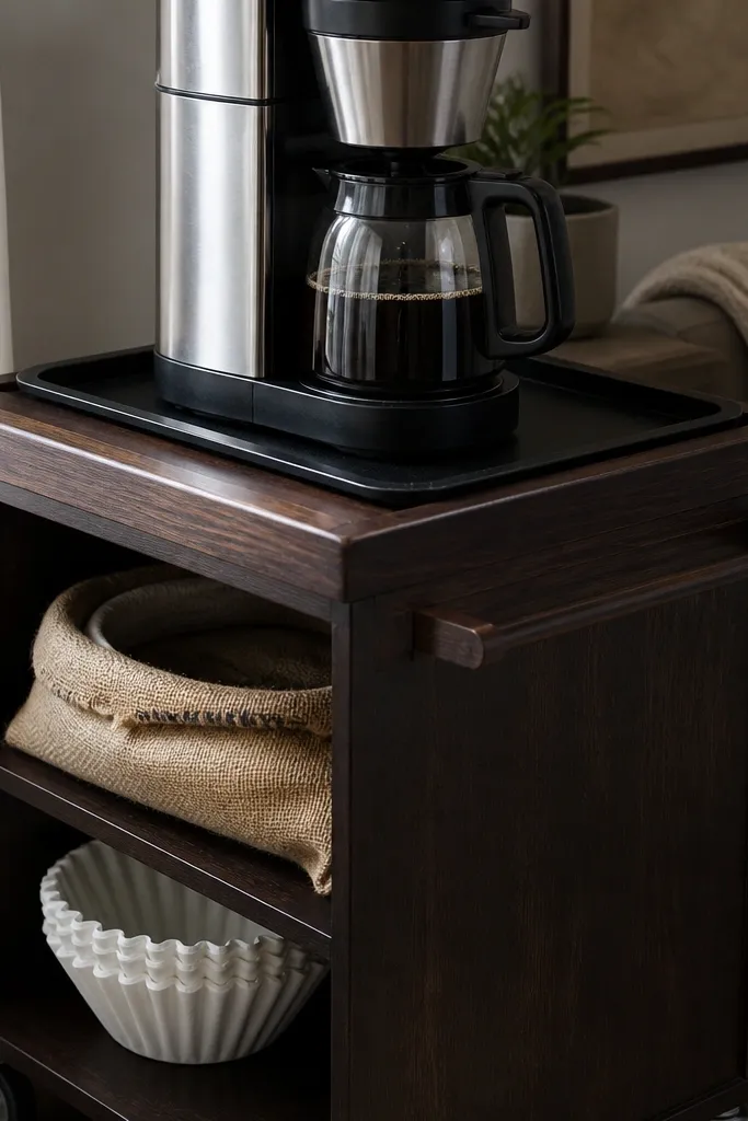 Wood rolling cart with a flat top and a removable tray above a drip area