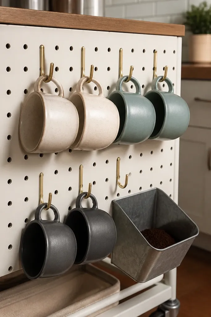 Rolling cart with a pegboard panel on the side and hooks holding mugs