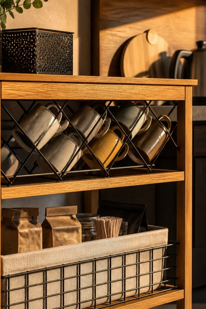 Wood cart with open shelves and a wine rack holding cups
