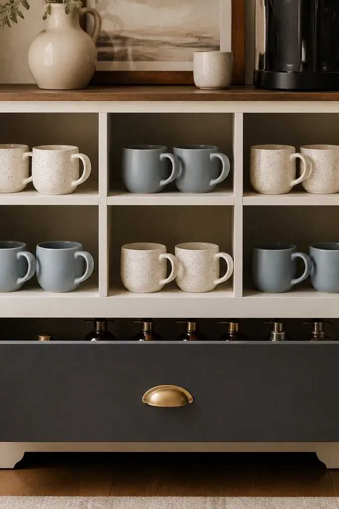 Small cabinet with open cubbies for mugs and a drawer for syrups