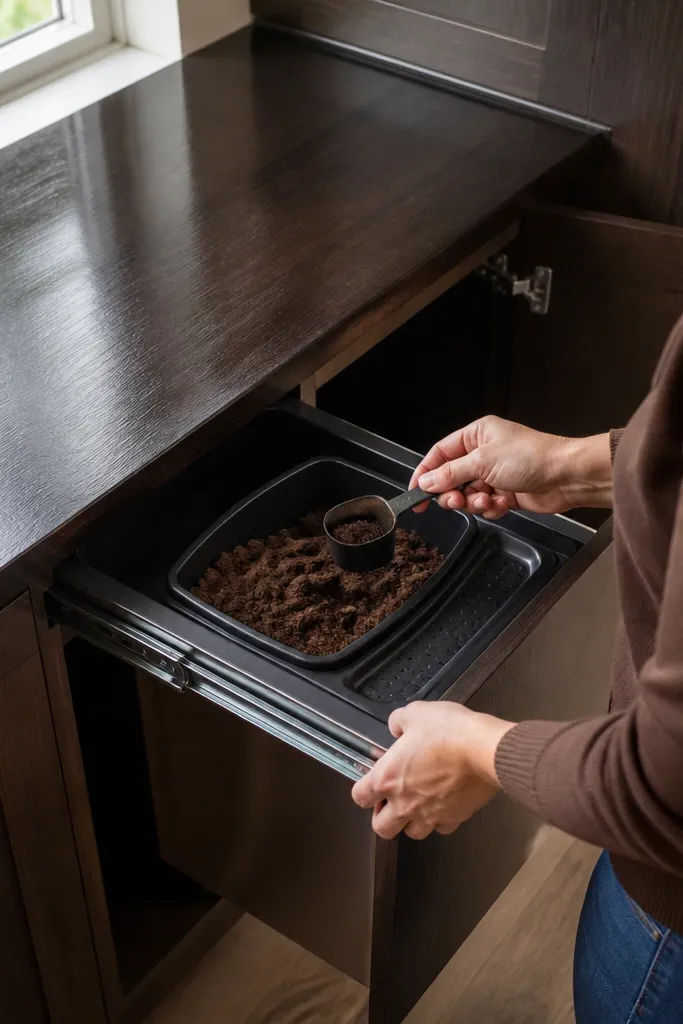 Cabinet with a pull-out bin at the bottom and a sealed tabletop on top