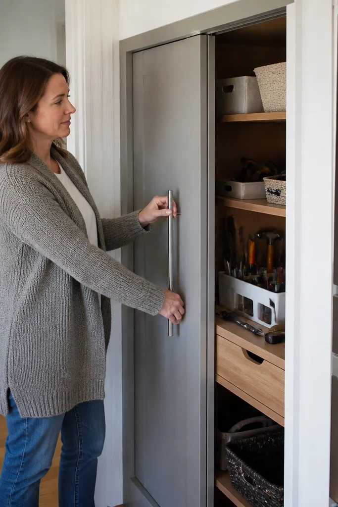 Small cabinet with a sliding door covering shelves and drawers