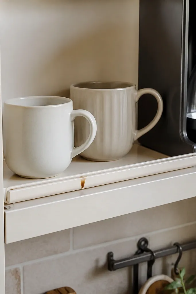 Cabinet with a small mug shelf lip and a drip rail under the top