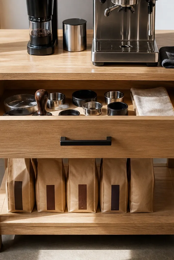 Rolling cart with a small drawer for tools and open shelf for coffee beans