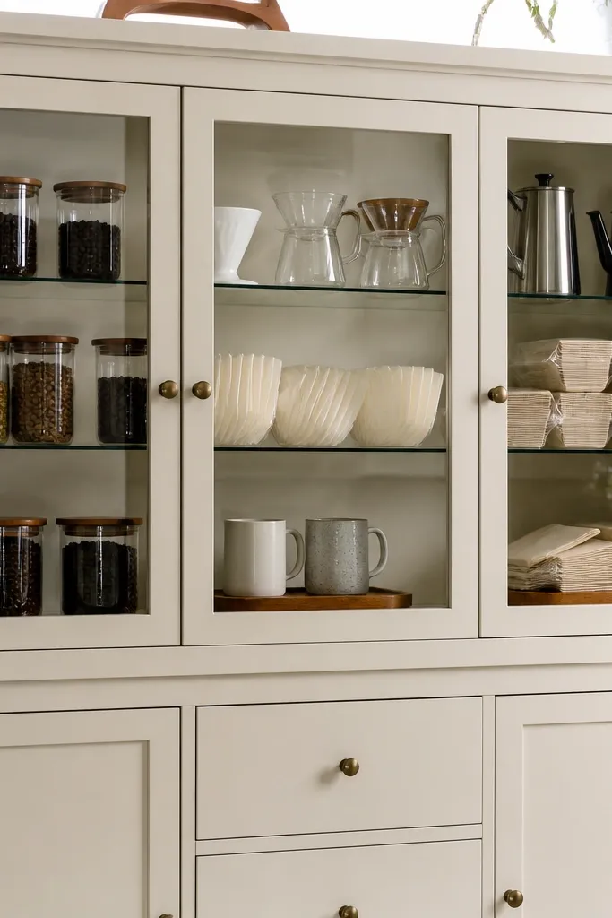 Cabinet with glass-front upper shelves and closed lower storage
