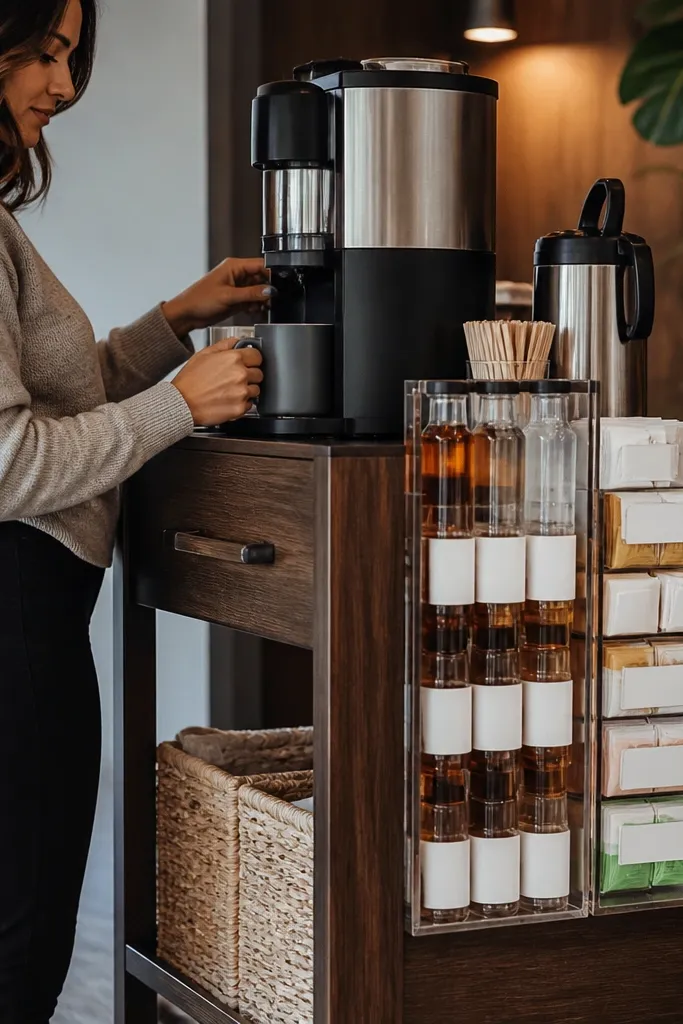 Rolling cart with vertical slots holding syrup bottles and tea packets
