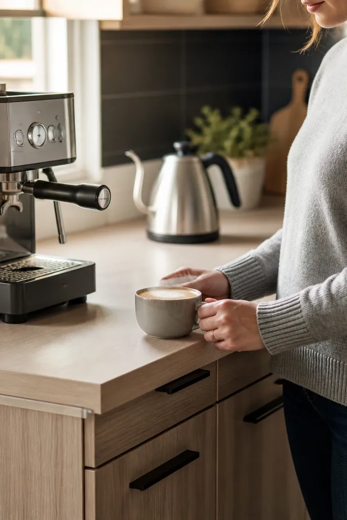 Cabinet with a wider top extension creating a landing shelf for cups