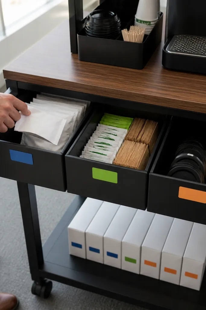 Rolling cart with modular bins and a labeled shelf for reordering coffee supplies