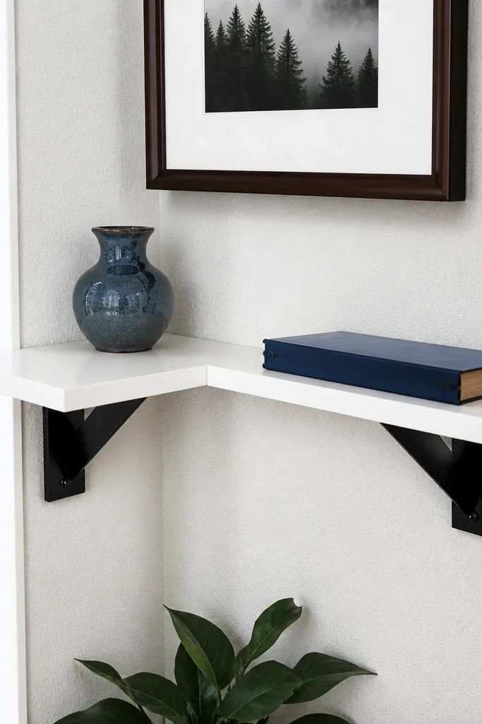 White corner shelf with black metal brackets holding a small plant