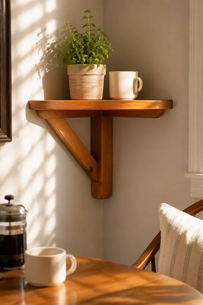 Warm stained corner shelf with a triangular support brace